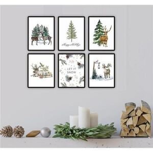 Christmas Decorations Deer December Tree Holiday Wall Art Set of 6 Prints